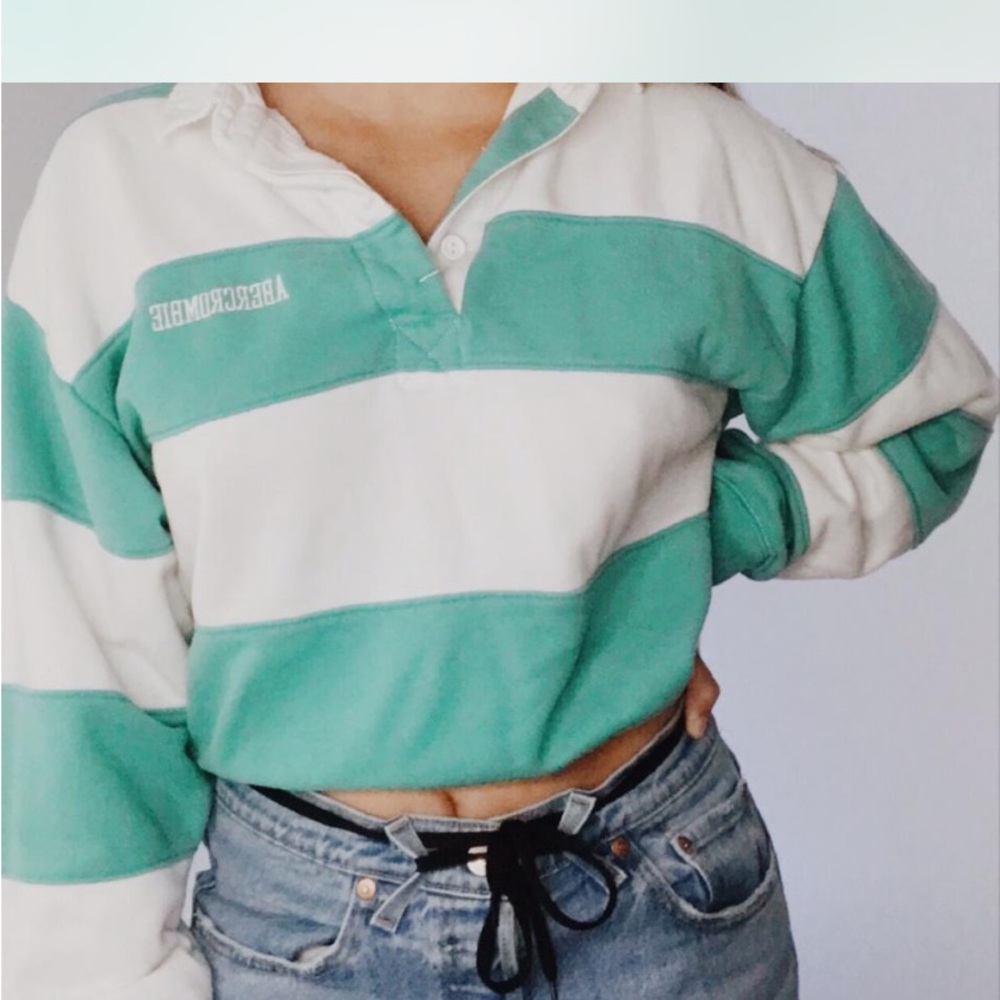 Abercrombie & Fitch Green and White Striped Rugby Sweater